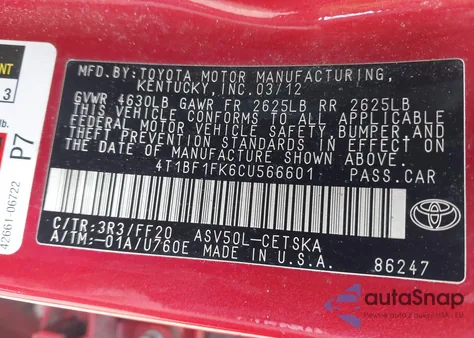 2012 Toyota Camry Se from USA, damaged, VIN 4T1BF1FK6CU566601